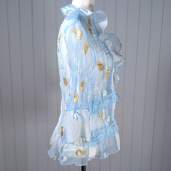 Jaipur Blue Sheer Sequin Ruffle Long Sleeve Crinkle Button Top Fairy Ribbons Med - Picture 3 of 7